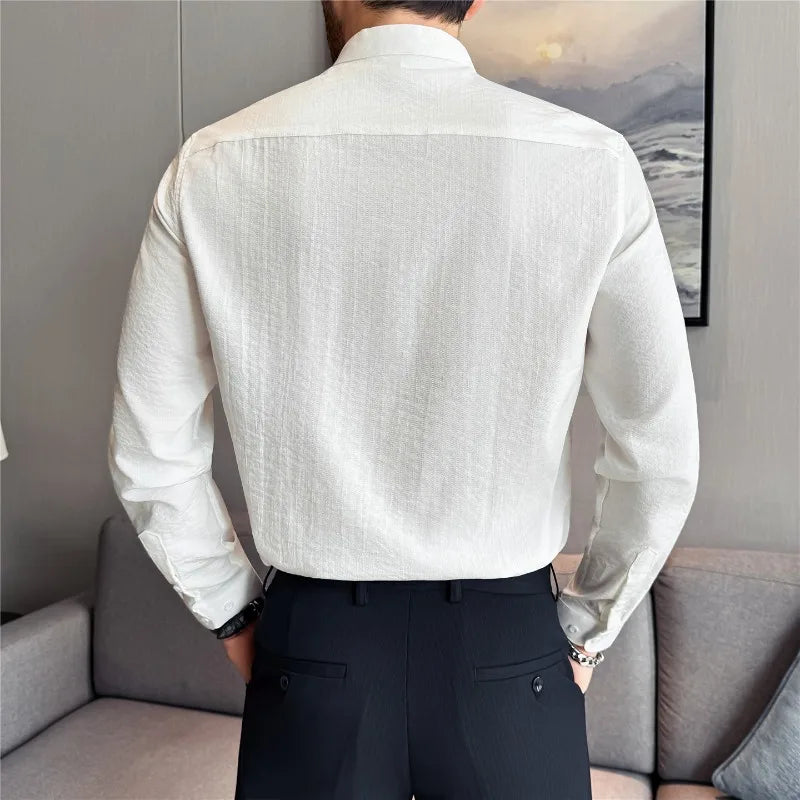 Chinese Style Stand Collar Men Shirt Hidden Button Solid Casual Slim Fit Long Sleeved Dress Shirts High Quality Men Clothing