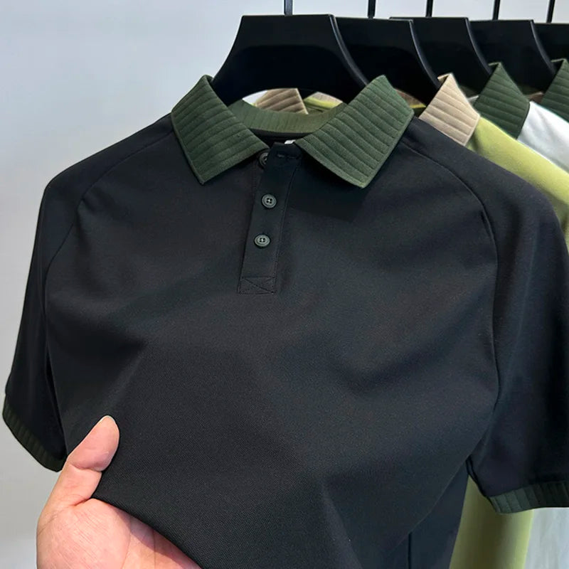 New 2025 Men's ort Sve  irt Casual Pure Color Versatile Busin Turn Collar Top Paul Sle Printed Polyester Fiber