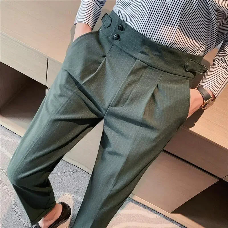 British Style Fall New High Waist Dress Pants Men Belt Design Stripes Slim Suit Pants Formal Wedding Social Party Male Trousers