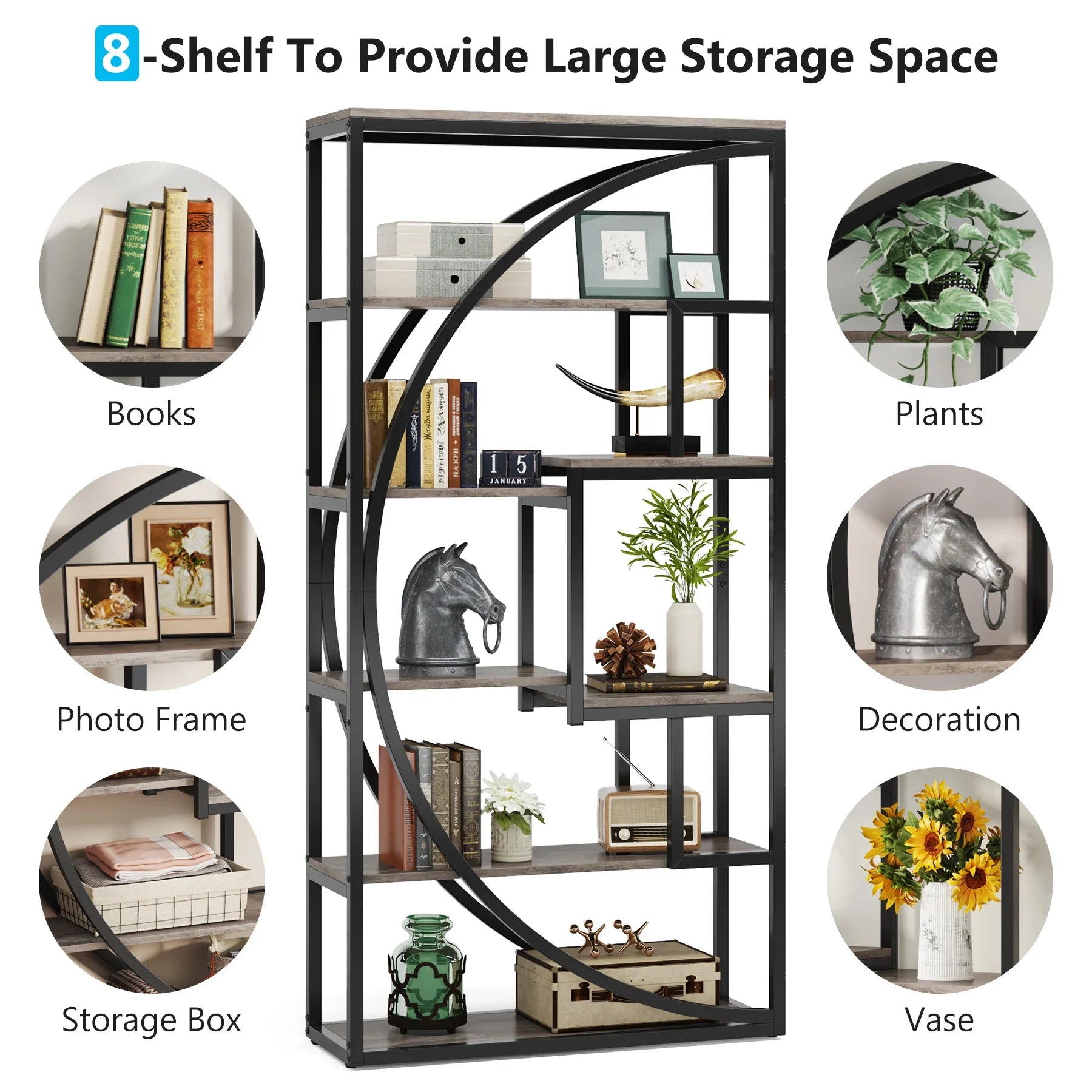 Tribesigns Bookshelf, Industrial 5-Tier Etagere Bookcase, 70.8 inch Tall Bookshelf with 8 Open Storage Shelf, Vintage Grey