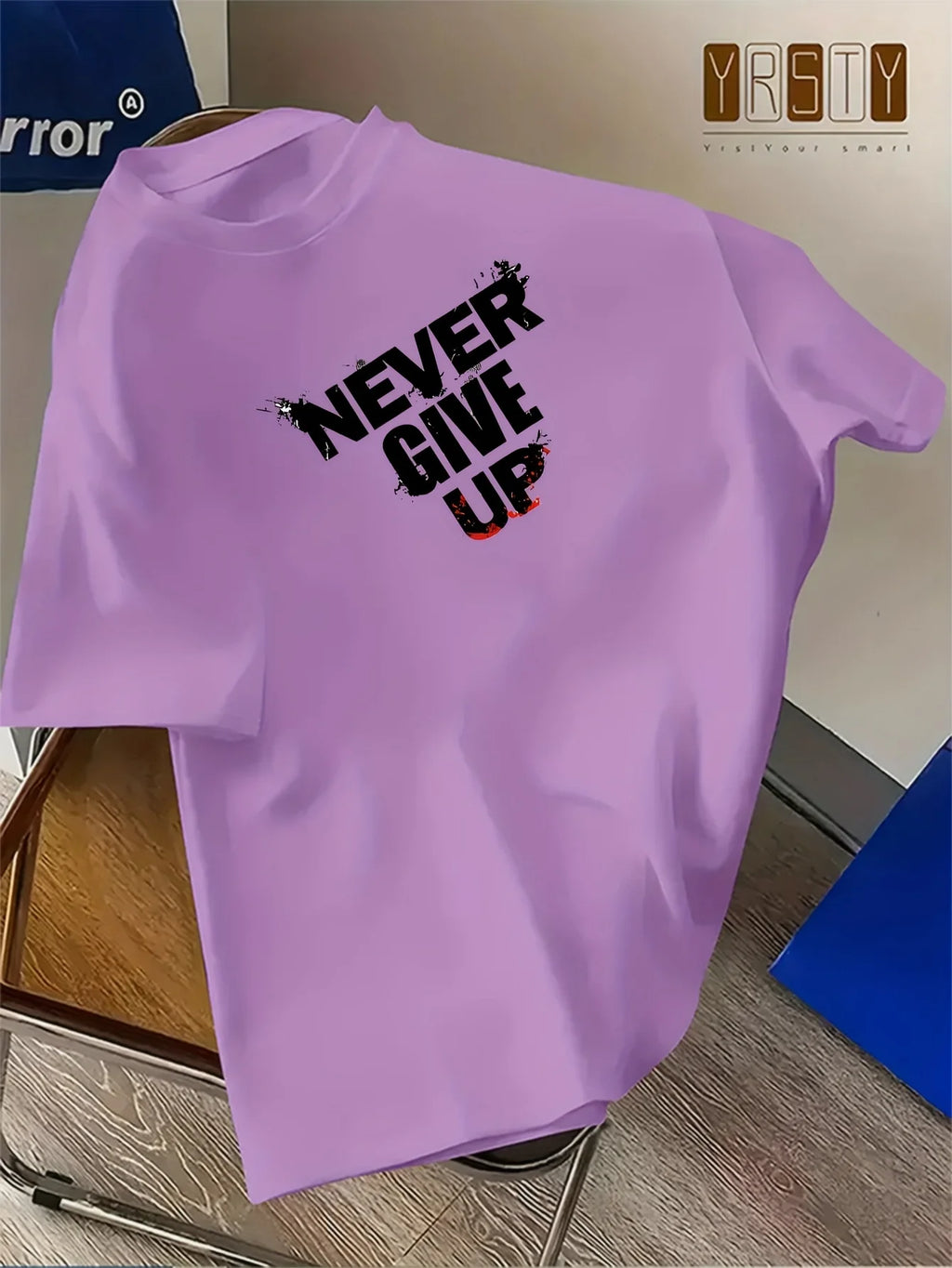Men's 100% pure cotton fashionable casual loose sports never give up letter pattern printed round neck short sleeved T-shirt top