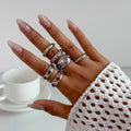 Salircon 6Pcs/set Inlaid Purple zircon Adjustable Opening Ring Set Women Smooth Gold Color Ring for Female Daily Jewelry Gift