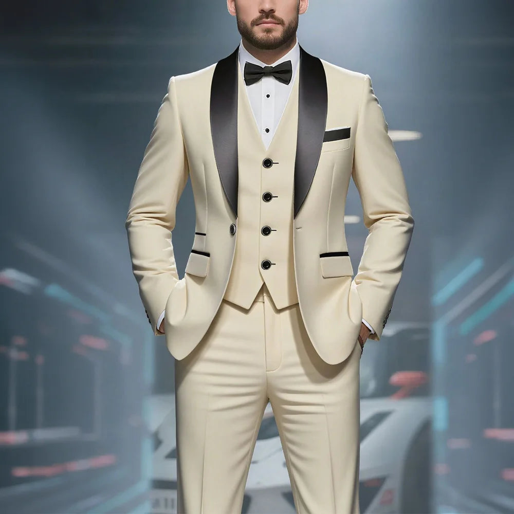 Men's 3-Piece Cream Suit — Black Satin Lapels — Groom's Wedding Tuxedo — Slim-Fit Custom Outfit for Men