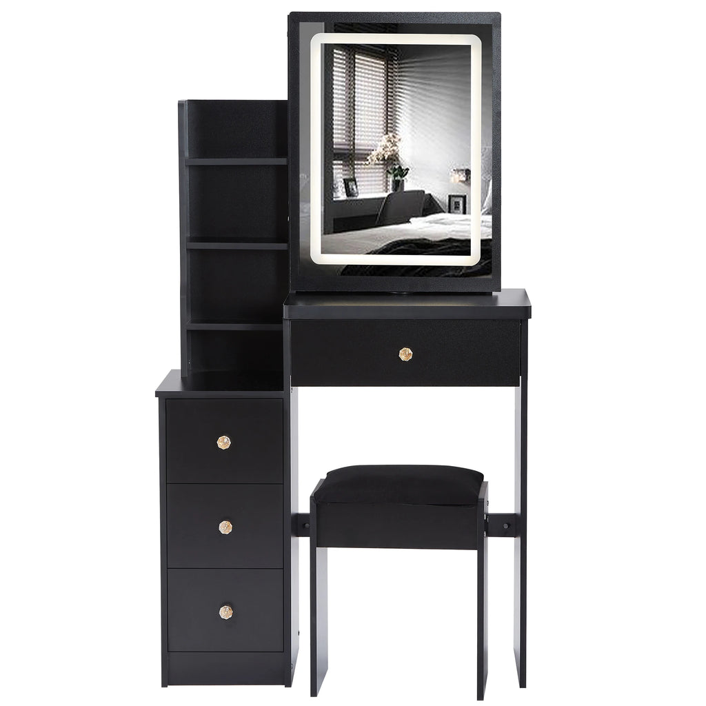 Cabinet Vanity Table Cushioned Stool Touch Control Sliding LED Mirror Tri-color Switching Brightness Adjust Multi Layer
