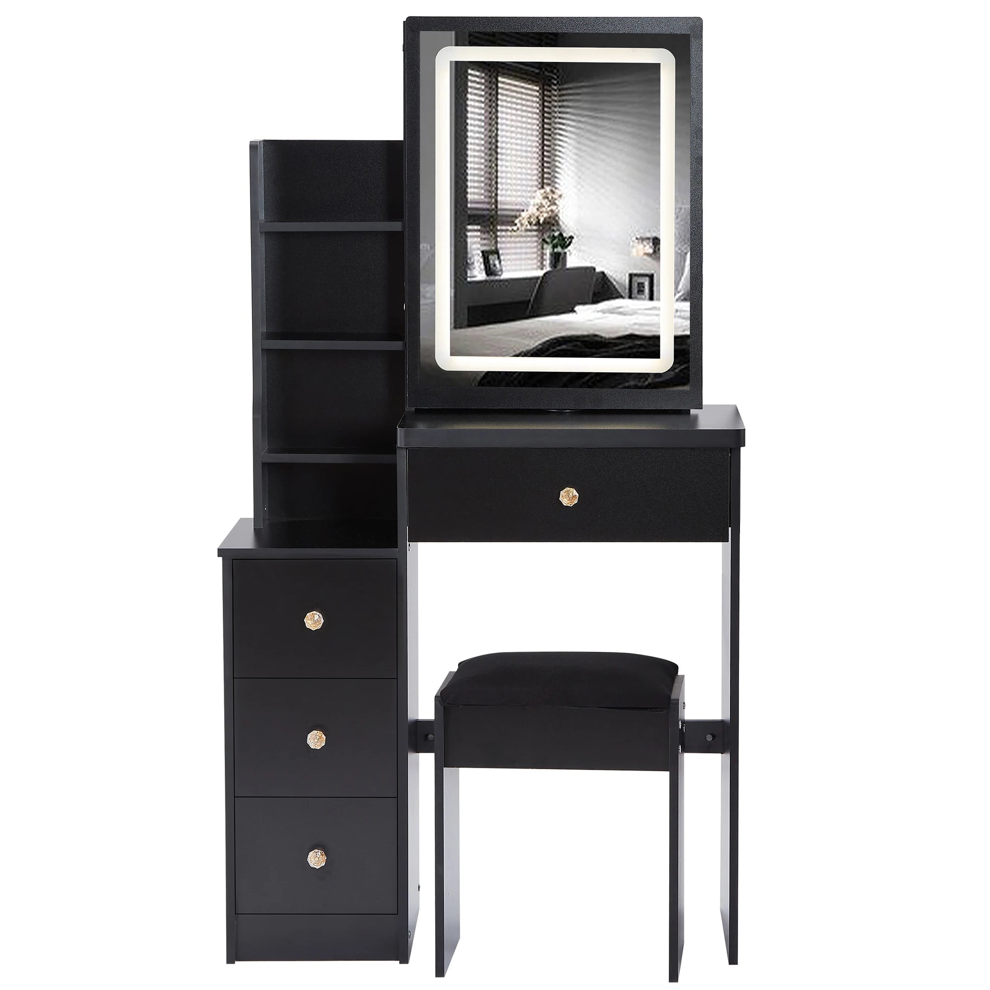 Cabinet Vanity Table Cushioned Stool Touch Control Sliding LED Mirror Tri-color Switching Brightness Adjust Multi Layer
