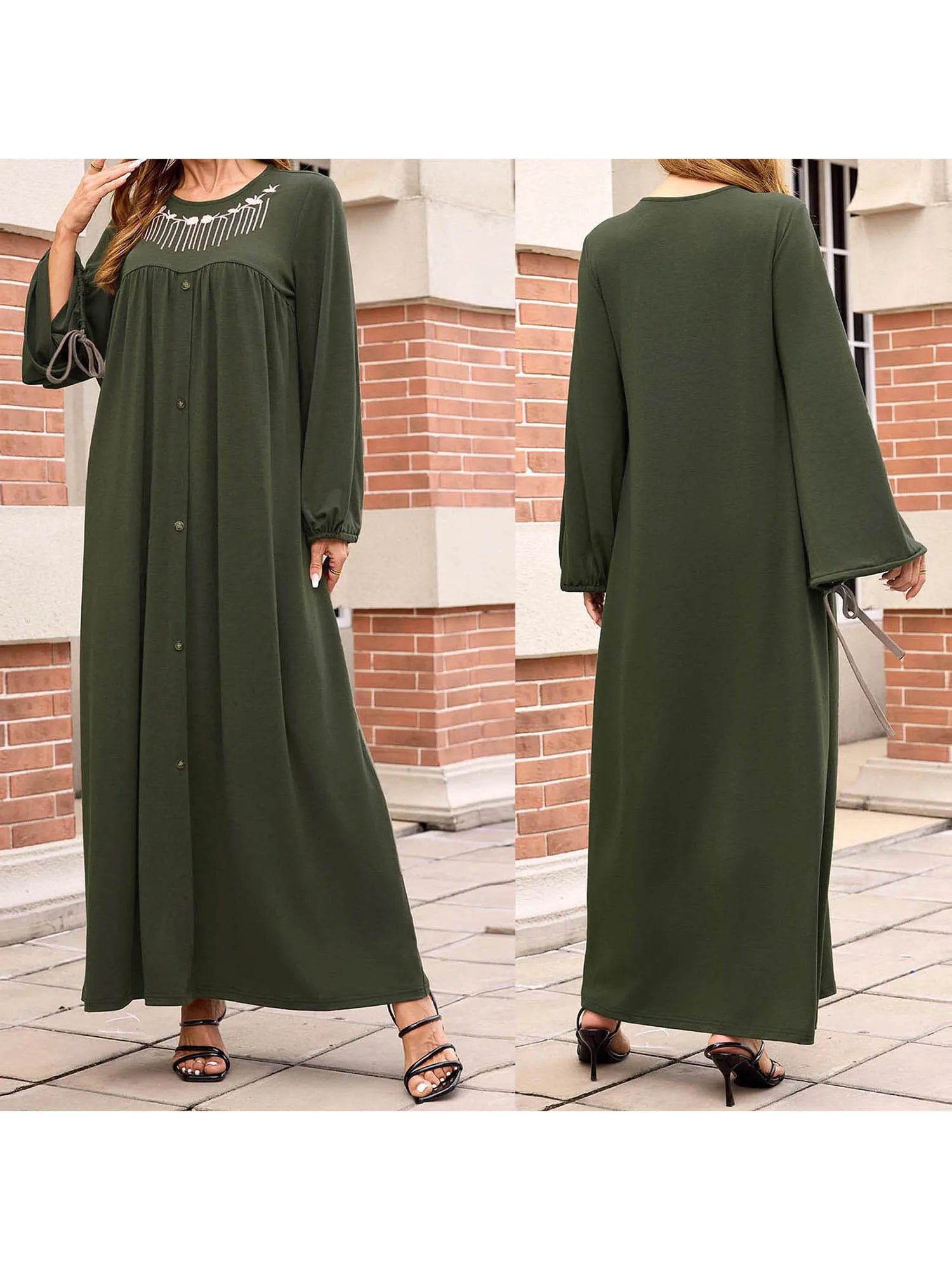 Middle Eastern Style Floral Embroidered Maxi Dress with Tassel Detail and Loose Fit Crew Neck - Long Sleeve Abaya Gown