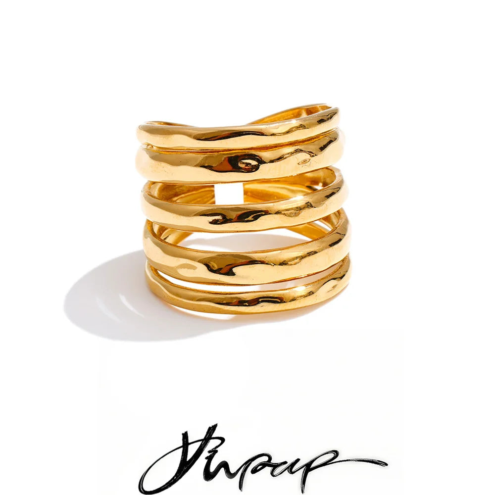 Yhpup Size 7.5 Stainless Steel Layered Wide Open Ring 18K Gold Color PVD Plated Geometric Charm Finger Fashion Jewelry Wholesale