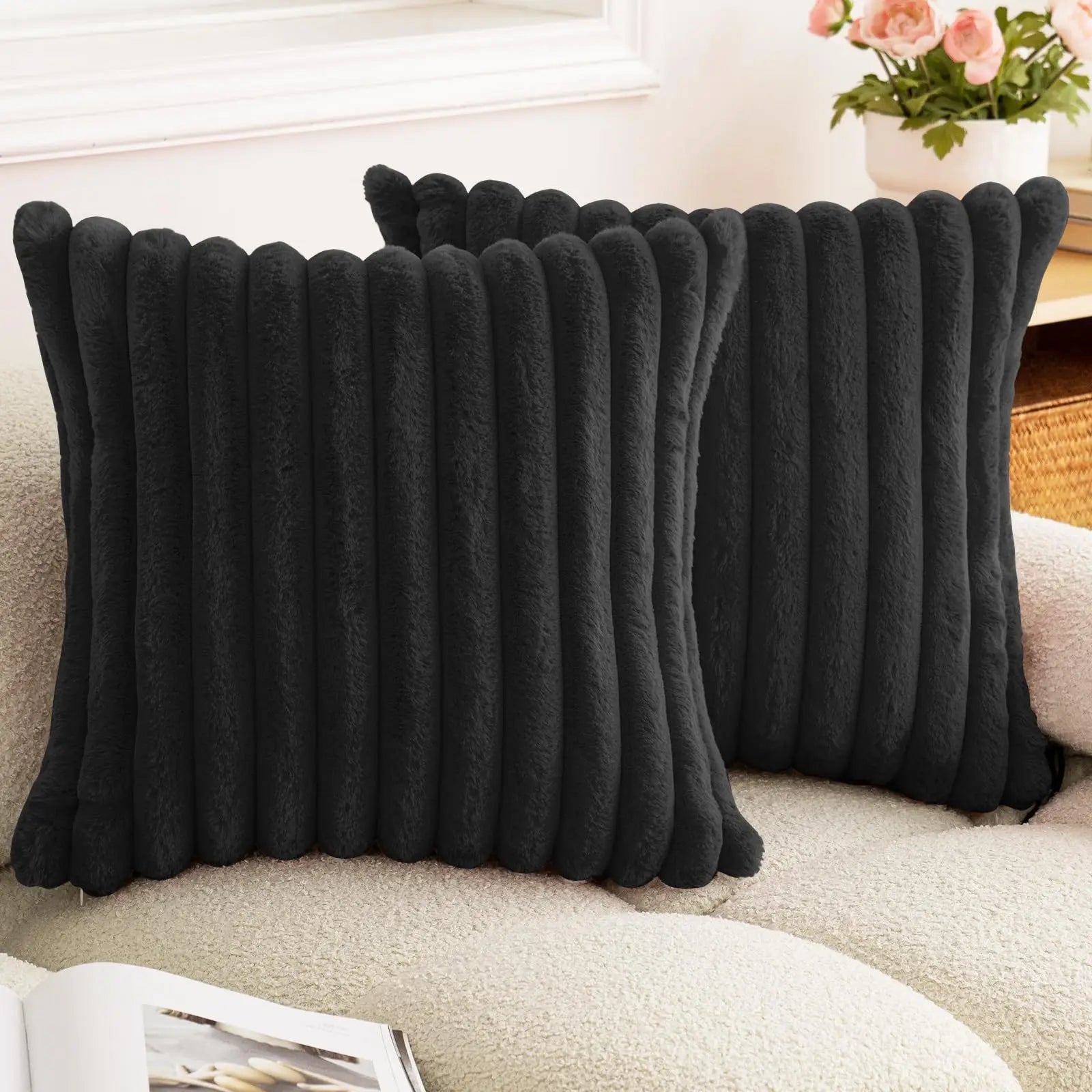 Faux Rabbit Fur Square Cushion Cover Big Thick Striped Super Soft Solid Color Pillow Cover 24×24inch Sofa Decor Cushion Covers