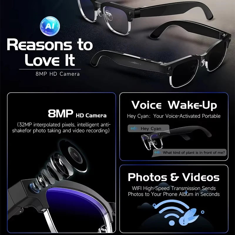 AI smart camera glasses 800W HD camera recording WIFI transmission AI voice assistant Bluetooth call IP66waterproof smartglasses