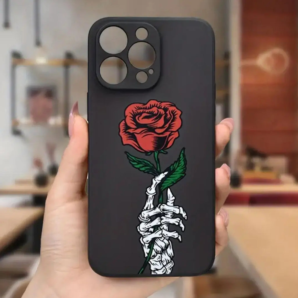 for IPhone 16 Pro Max 15 Pro 14Plus 13 12 Rose & Skeleton Pattern Phone Case Wear-resistant Anti-fall Decorative Compatible with