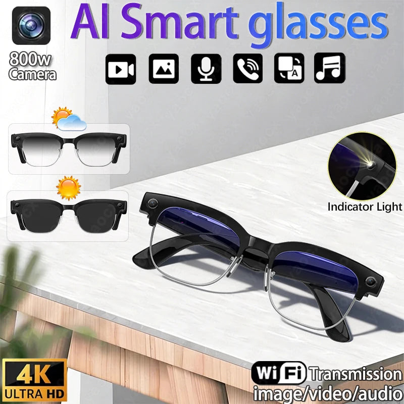 2026 New Smart Glasses 800W Ultra-Wide HD 4K Camera Video Recording 4GB AI Photo Recognition Bluetooth Call Translation Voice