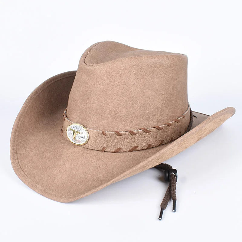 Classic Western Men's Cowboy Hat Women Cowgirl Cap Faux Leather Black Outdoor Casual Sombrero Hombre With Windproof Rope