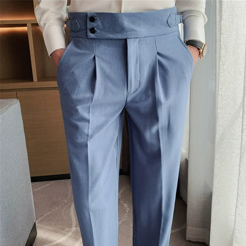 British Style Fall New High Waist Dress Pants Men Belt Design Stripes Slim Suit Pants Formal Wedding Social Party Male Trousers