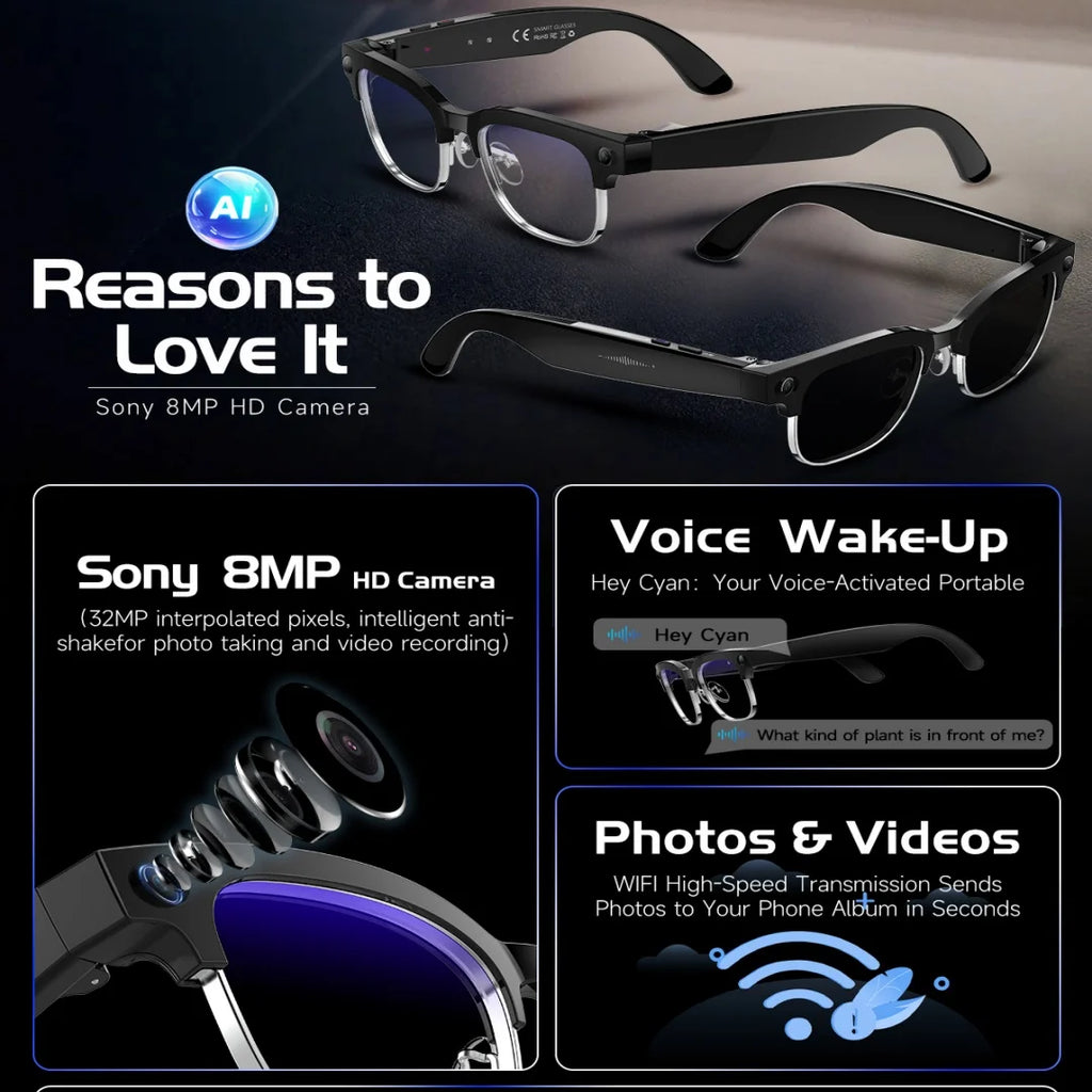 2026 New AI Smart Glasses 800W Ultra-Wide HD 4K Camera Video Recording 4GB AI Photo Recognition Bluetooth Call Translation Voice