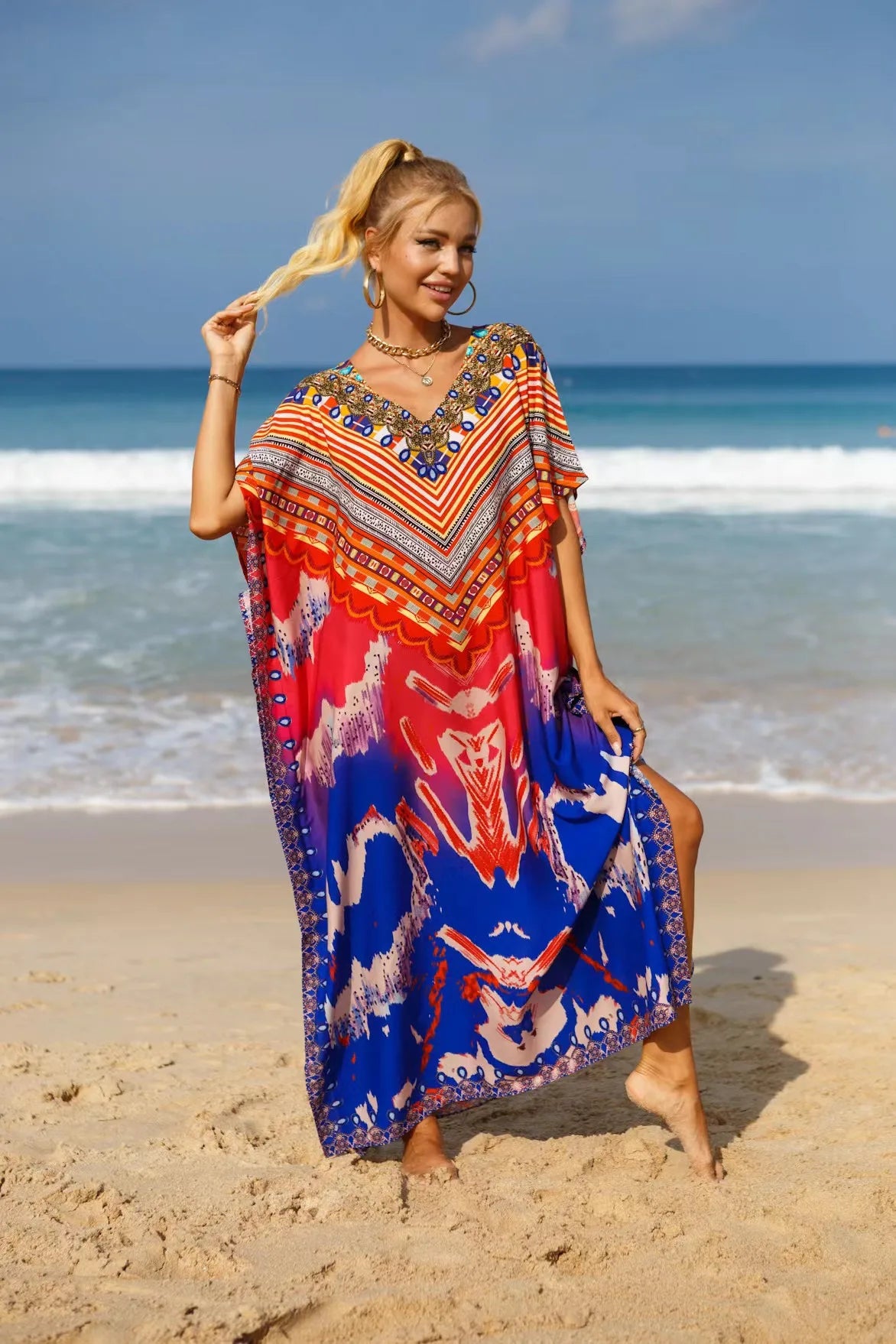 Kaftan Dresses Tropical Printed Cover Ups for Swimwear Women Elegant Maxi Robe Holiday Bathing Suits Dropshipping Hot Sales