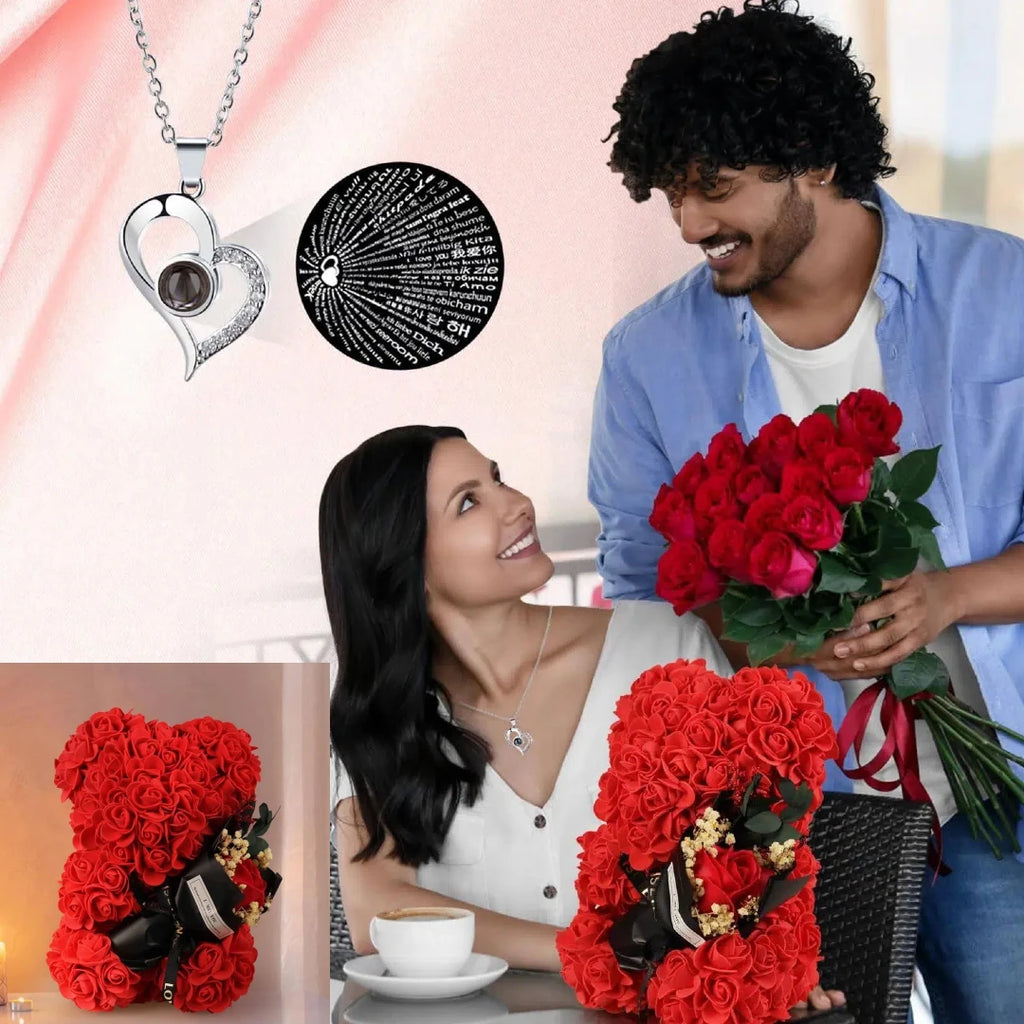Valentines Gifts for Women,Rose Bear Birthday Mother's Day Valentine's Gifts for Her, Rose Teddy Bear with I Love You Necklace