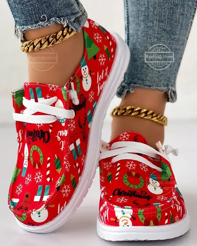 Loafers Women's Christmas Snowman Elk Graphic Print Lace-up Round T Women's Vulcanize Shoes Canvas Women Flat Shoes Zapatos - Free Item Weekend (50% off).