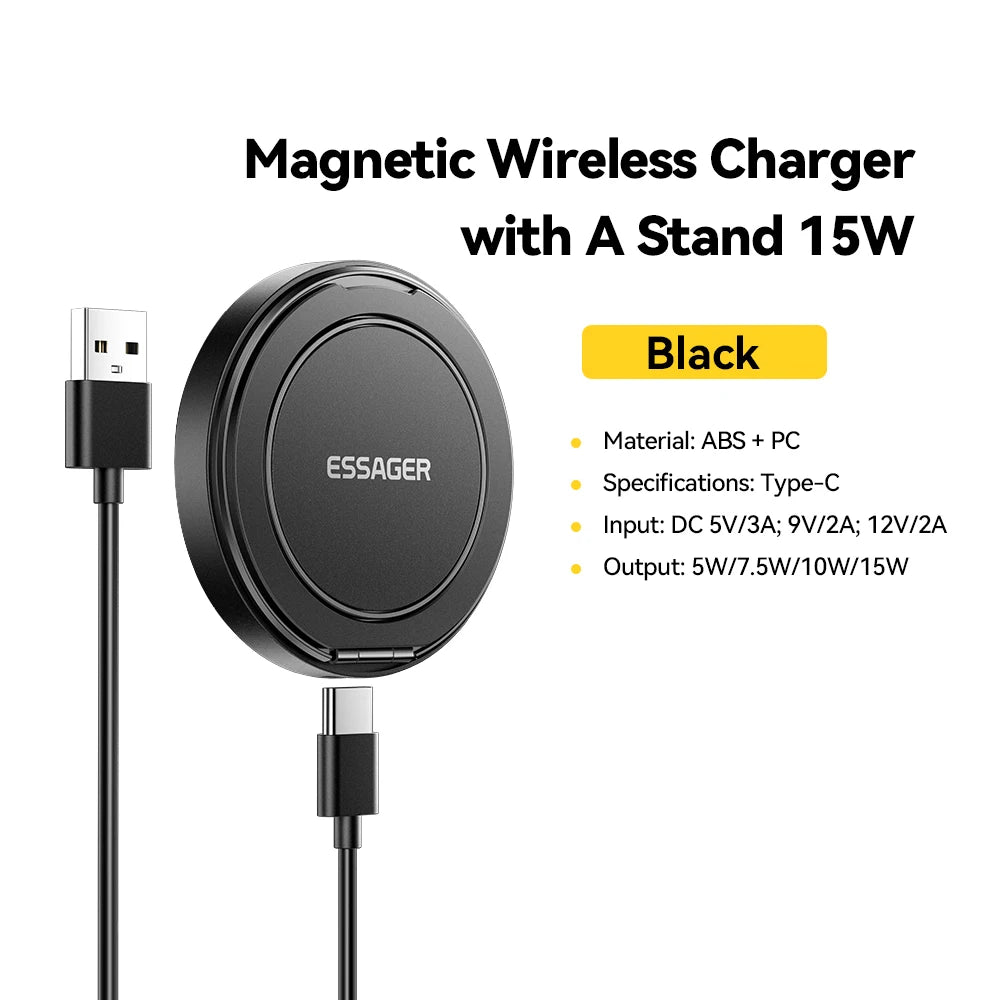 Essager Magnetic Wireless Charger With Holder 15W Fast Charging For iPhone17 16 15 14Pro Max Airpods Mini Wireless Phone Charger - Free Item Weekend (50% off).