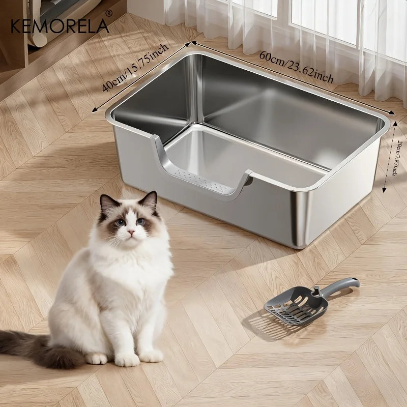 Extra Large Stainless Steel Litter Box, Non-Stick Odor-Free Metal Pan (Easy Clean, Hygienic Tray for Multiple Cats, Small Pets）