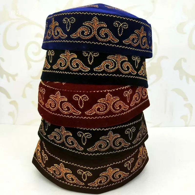 Kazakh Hats for Men Embroidered Blue Green Black Handmade Dancing Party Cotton Dubai Kufi Hijab Spring Caps Elegant