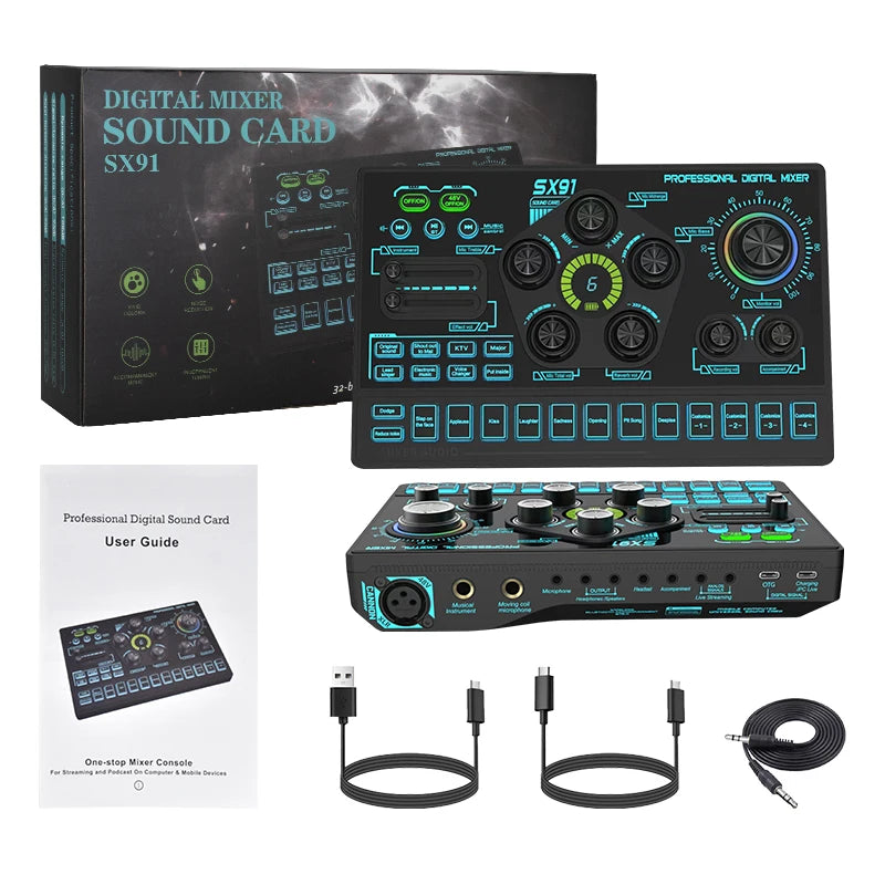FUHAM SX91 48V Audio Mixer with Voice changer,Podcast Mixer,Sound Card for Phone Gaming Karaoke Studio Live Streaming Podcast
