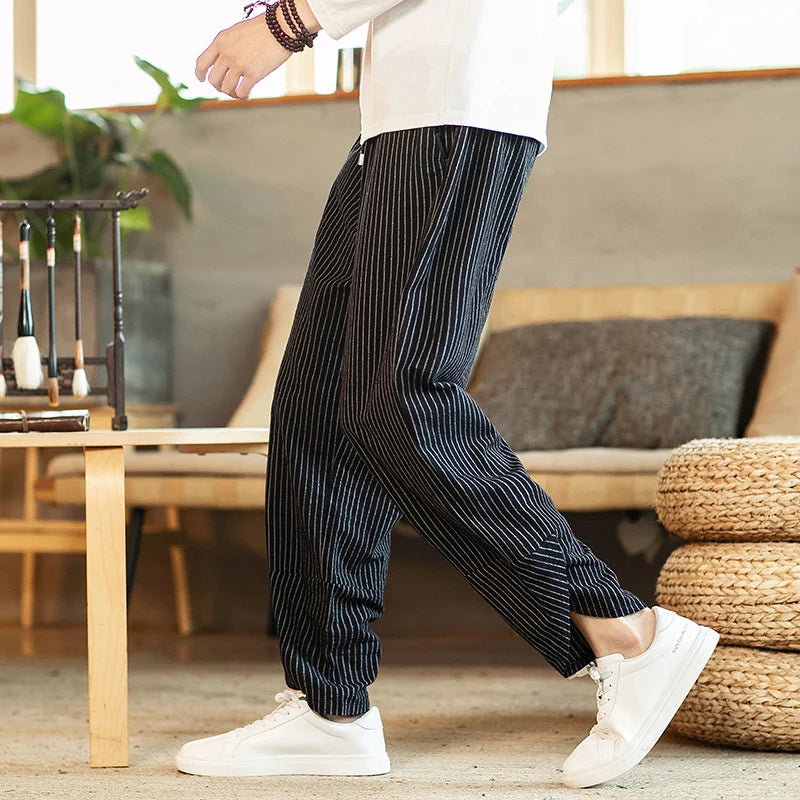 Chinese Style Striped Harem Pants Mens Breathable Cotton Linen Wide Leg Pants Bifurcation Casual Bloomers Fashion Trousers