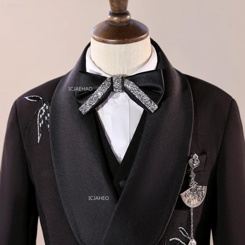 Boys Black Suit Three Piece Set Performance Gown Host Formal Wear Choir Stage Costume Birthday Party Evening Celebration Clothes