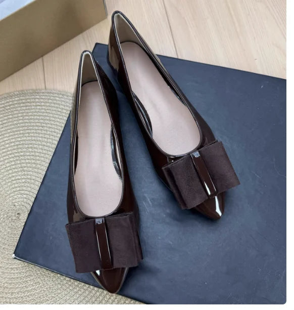 Women Shiny Leather Pointy Tip Slip-On Orange Green Flat Shoes Leathers Low Top Chaussures Bow 34 48 Skinny Shoes For Slim Feet