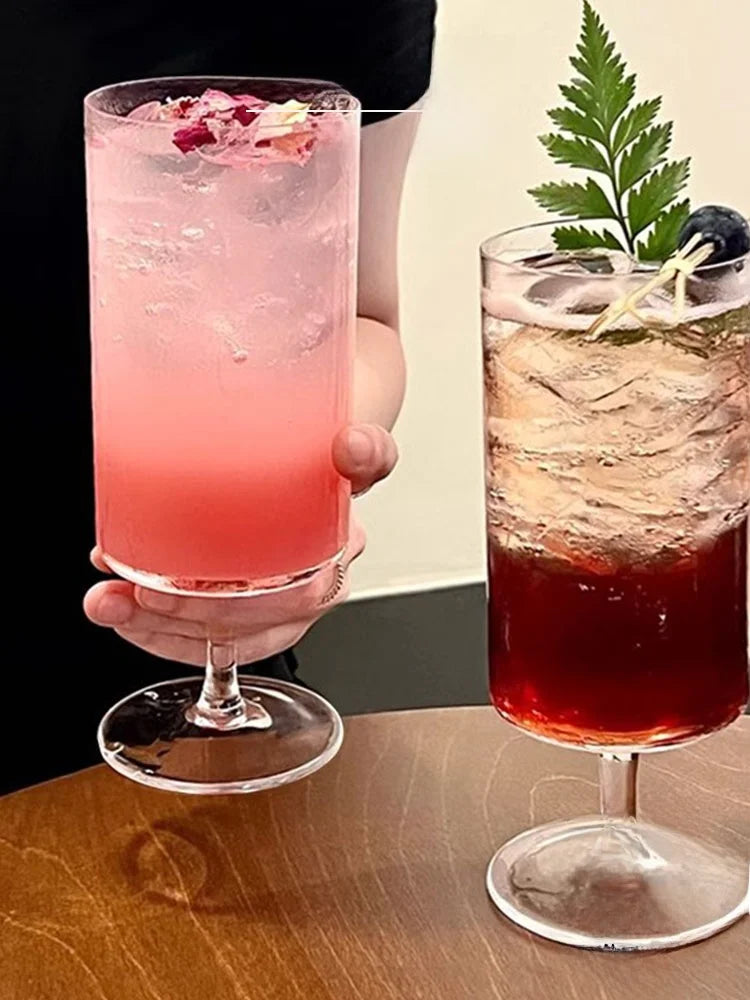 Vintage Sle High Footed Glass Cup Straight Cylinder Juice Cup Cotail Glass for Cold Drinks Universal round Column ape