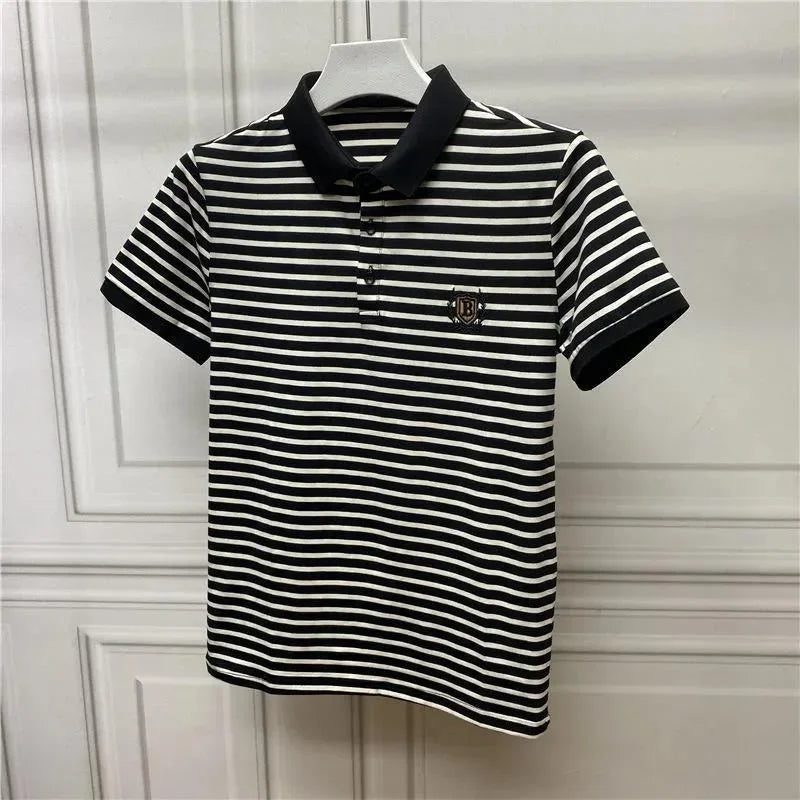 Clothes Black With Collar Male Tee Shirts Striped Polo Men's T-shirt New In Streetwear Ordinary Top Quick-drying Trend Popular