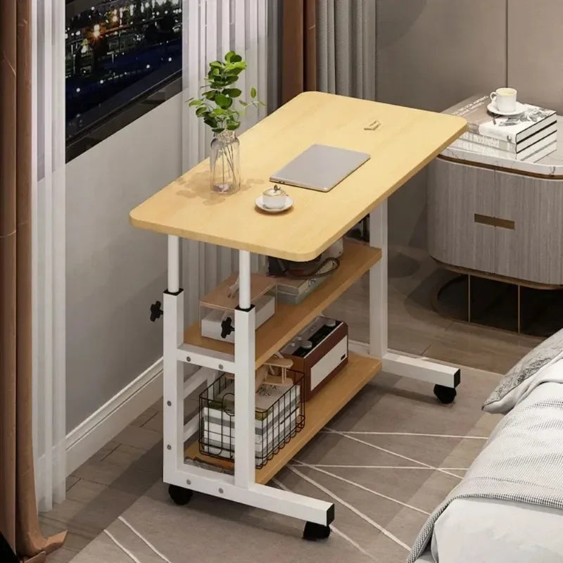 Portable Adjustable Laptop Desk with Wheels Simple Movable Bedside Computer Table Lift Study Table for Bedroom Office Home Use