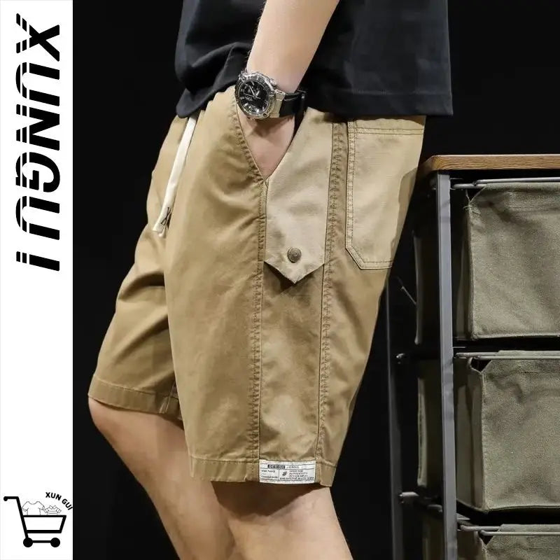 Khaki Casual Men Summer New Loose American Retro Thin Five-point Mid-size Trousers
