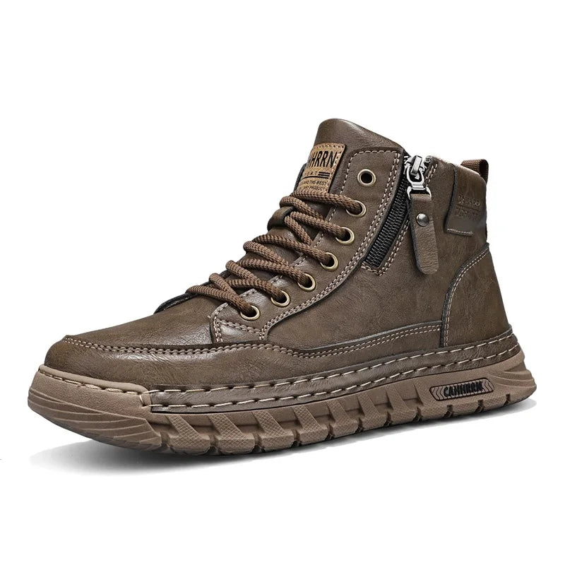 Mens High Top Leather Ankle Boots Comfortable Motorcycle Boots Non Slip Walking Training Shoes Botas Outdoor Treking Footwear