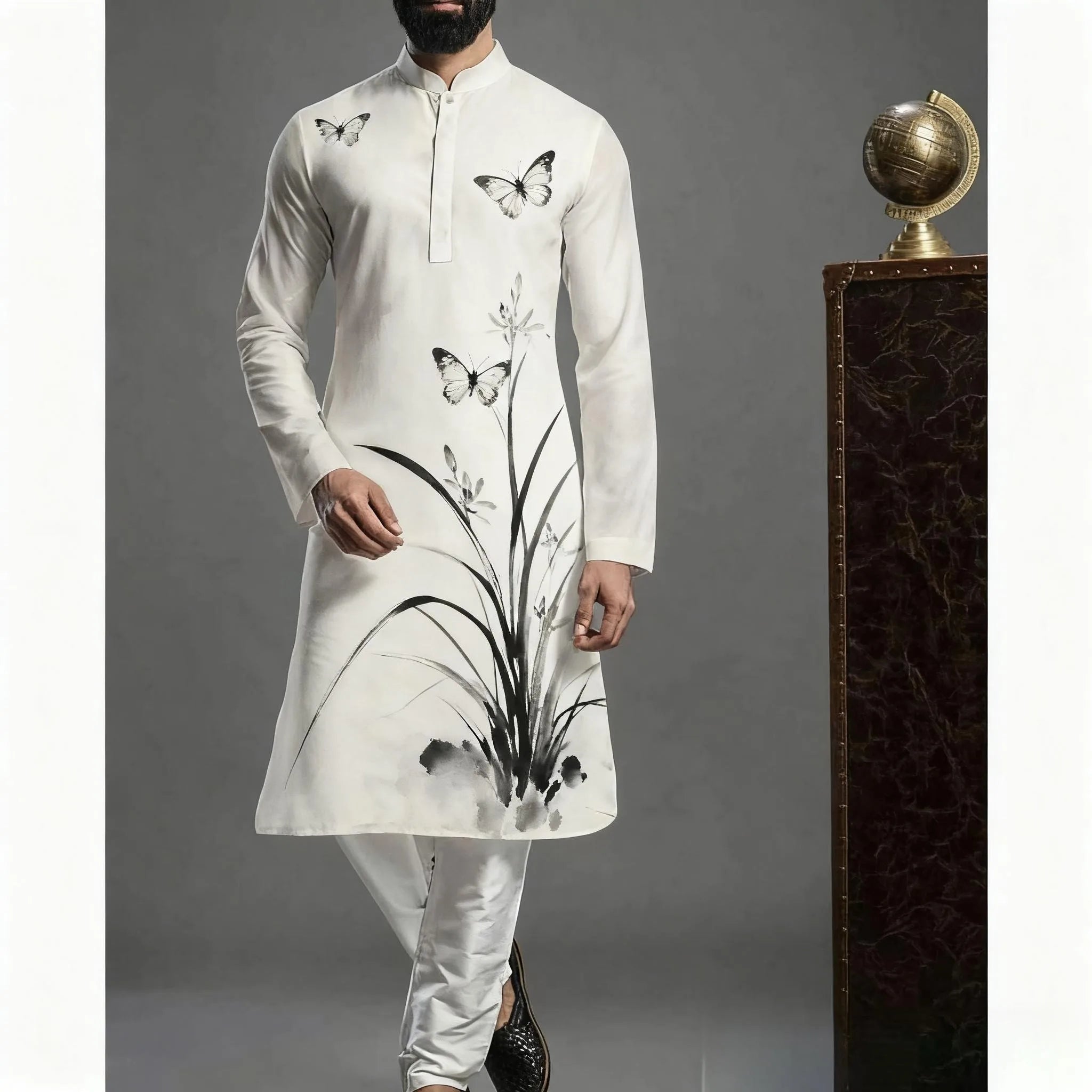 Muslim Kurtta Shirt Men Clothes Folk Kaftan Musulman Kurta Indian Islamic Clothing National Printed Long Sleeve Shirts