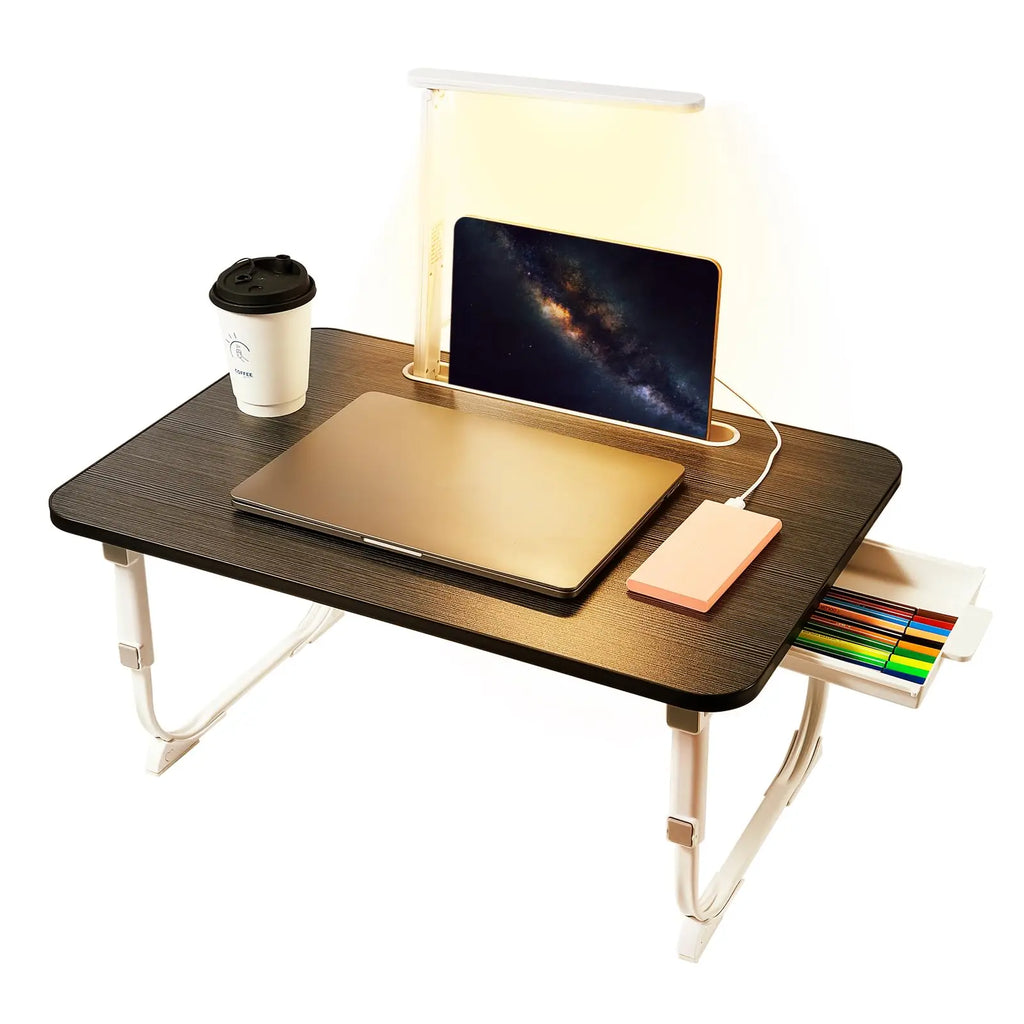 Laptop Desk for Bed Lap Desk with LED Desk Light, Adjustable Tablet Bed Table with Foldable Legs Storage Drawer, Breakfast Servi