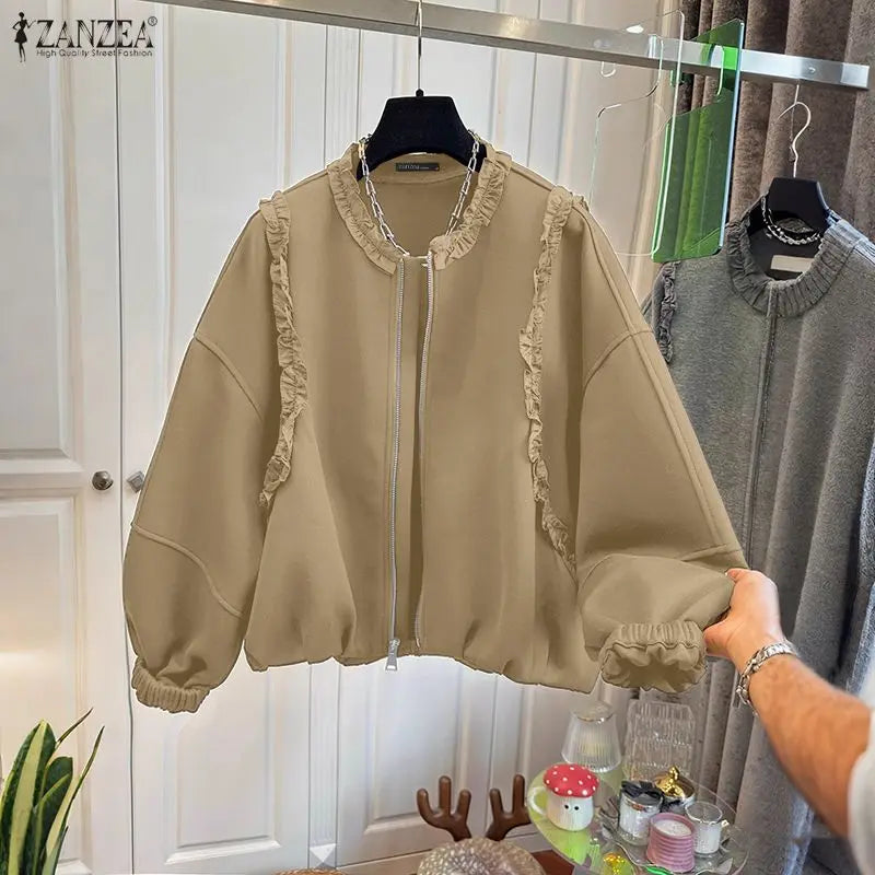 ZANZEA Casual Loose Lantern Sleeves Sweatshirts Women's Fashion Ruffled Trim O-Neck Zip-Up Hoodies Solid Color Woman Clothes 3XL