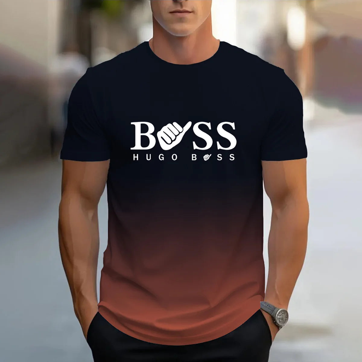 men's summer clothing casual gradient color short sleeved digital letter printed casual versatile round neck T-shirt top for men