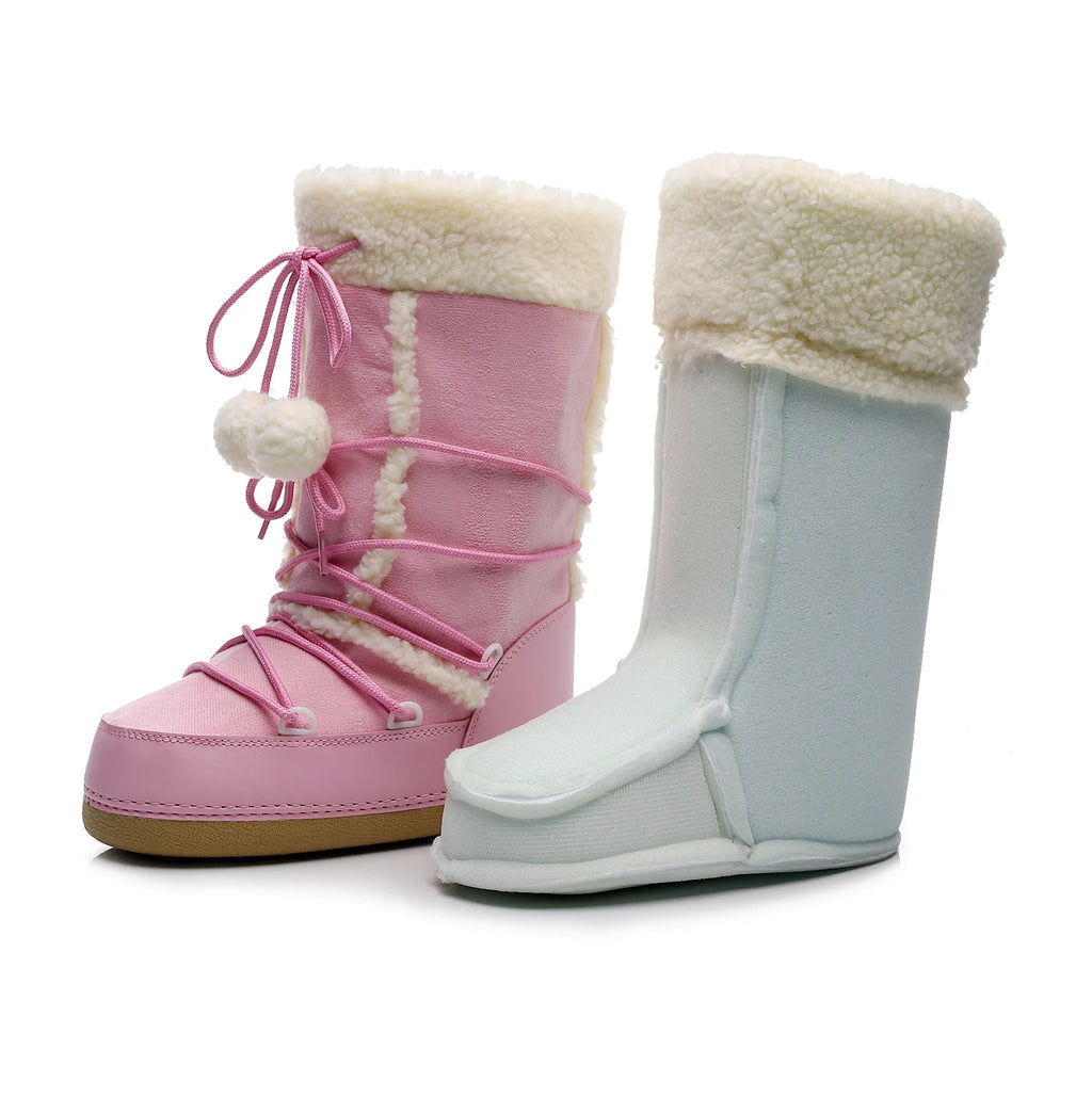 Winter Women Snow Boots Warm Plush Comfortable Platform Shoes Lady Lace-up Mid-Calf Pink Boots Non-slip Platform Shoes Booties
