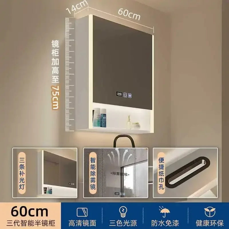 Smart Bathroom Cabinets Makeup Mirror Storage Cabinet LED Light Wall Mirror Cabinet with Time Digital Display Bathroom Furniture