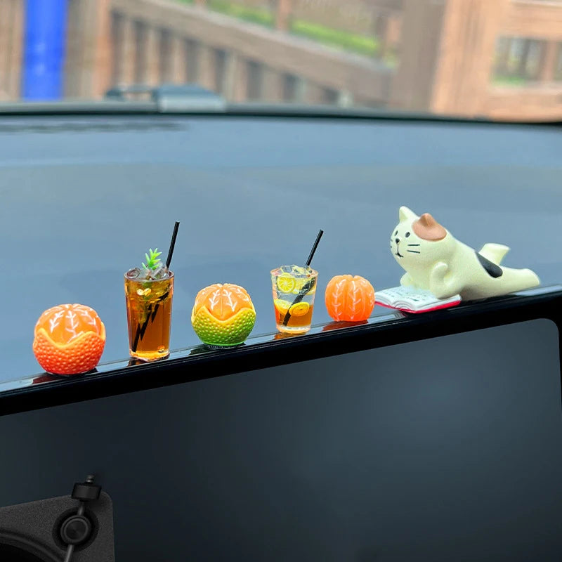 Auto Interior DIY Mini Cat Lemon Tea Coffee Scene Car Dashboard Ornaments Accessory