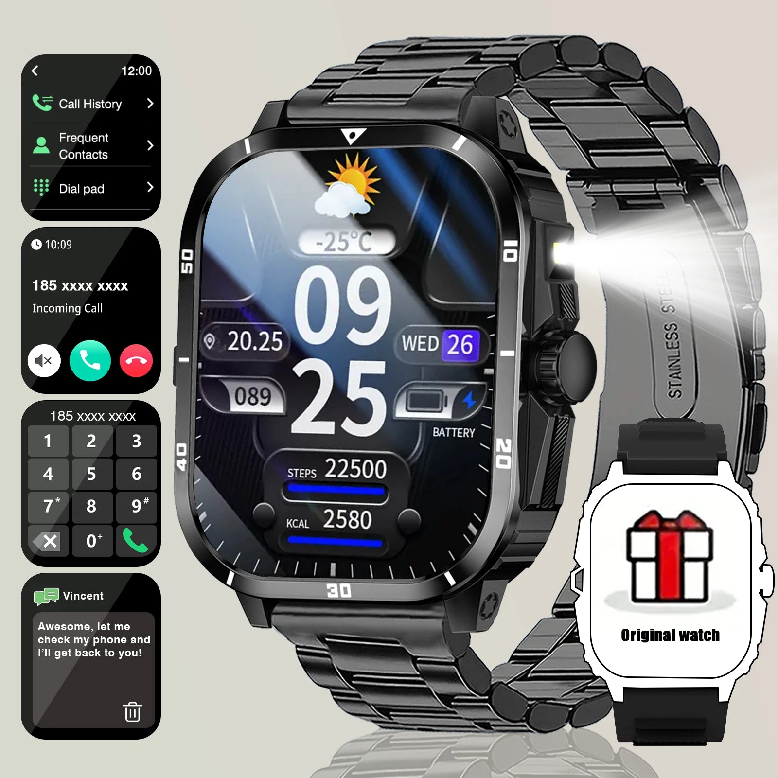 2025 Men's Smart Watch with Wireless Calling, Dual Straps (Stainless Steel+Silicone), Step Counter Flashlight & Message Reminder
