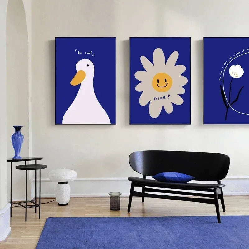 Klein Blue Abstract Line Smiling Face Posters Minimalist Print Canvas Painting Wall Art for Living Room Modern Home Decor
