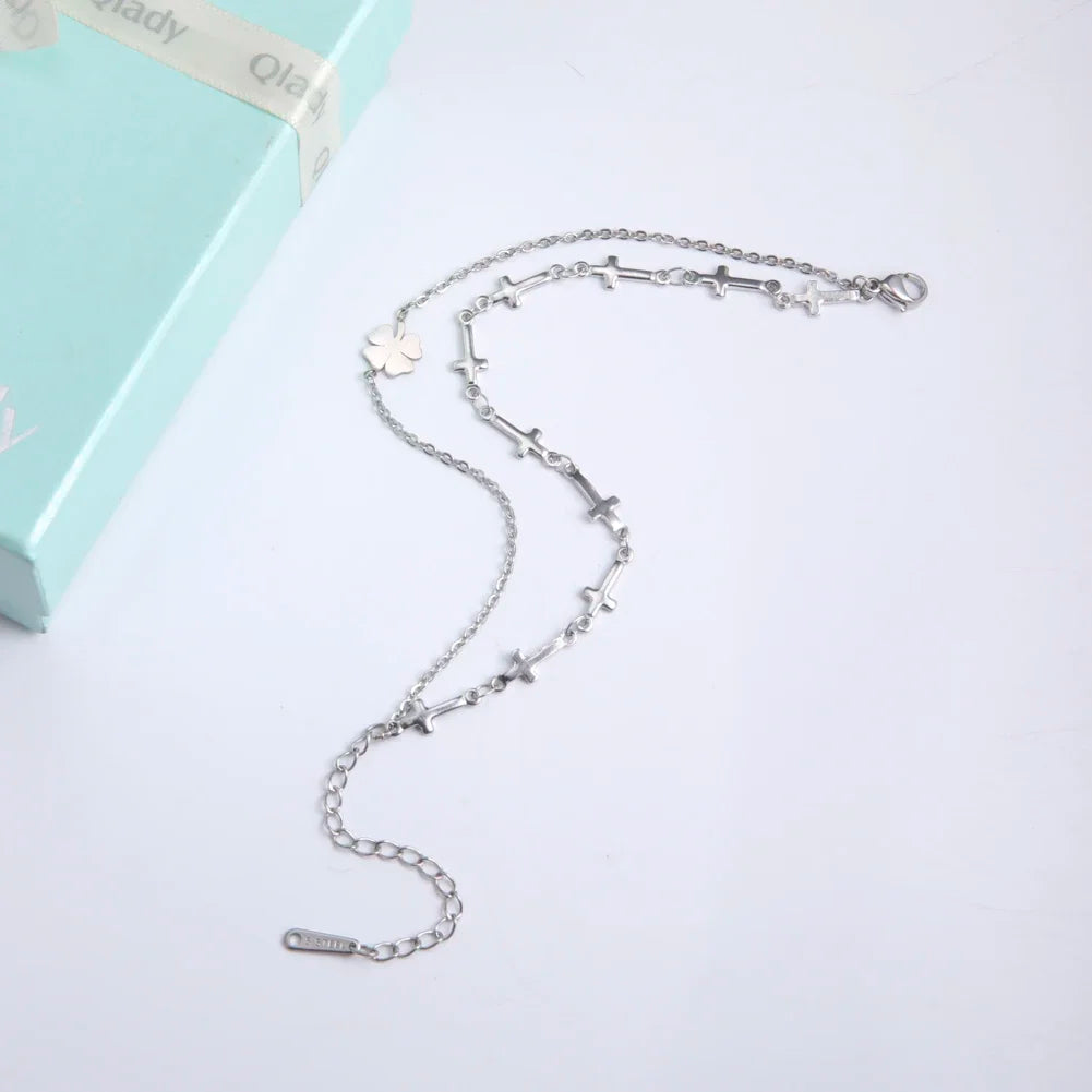 Skyrim Foot Chain of Women Men Silver Color Four-leaf Clover Stainless Steel Anklet Simple Beads Fashion Jewelry Accessories New