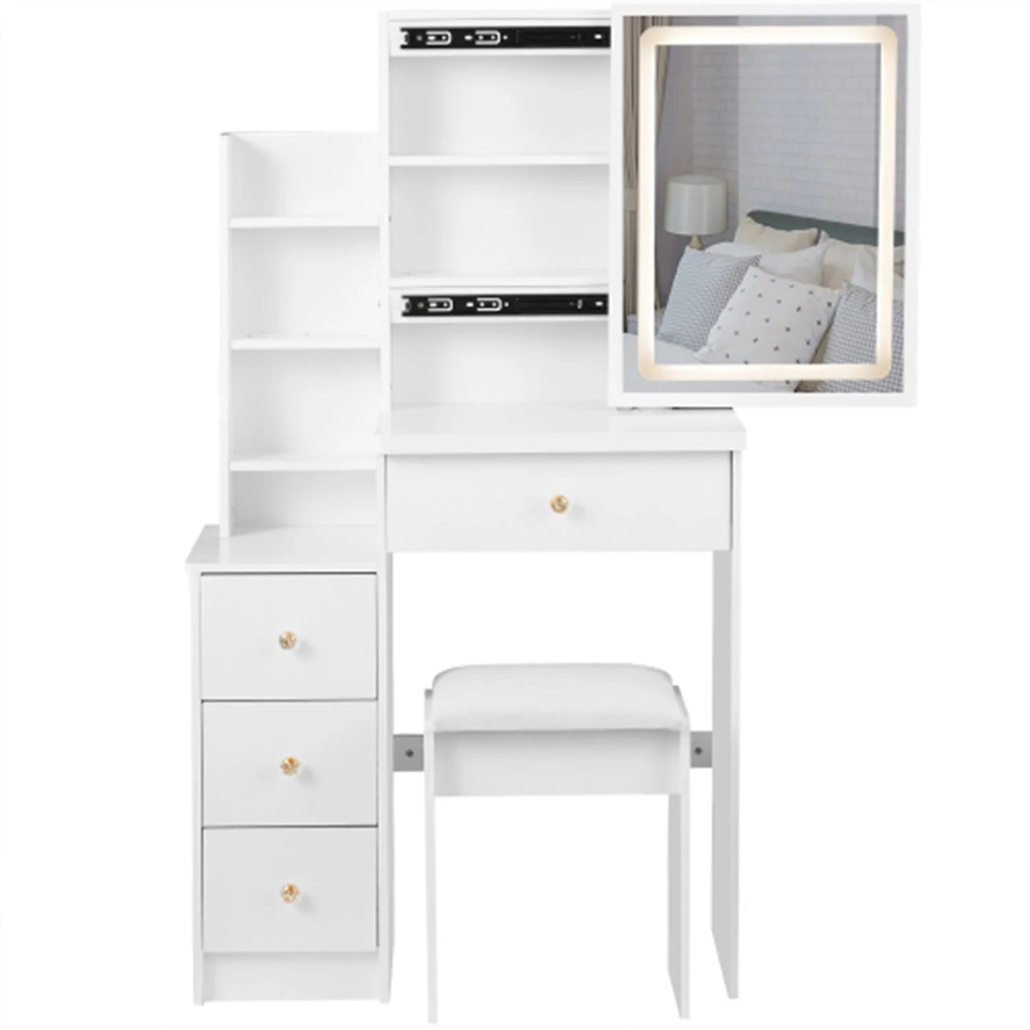 Cabinet Vanity Table Cushioned Stool Touch Control Sliding LED Mirror Tri-color Switching Brightness Adjust Multi Layer