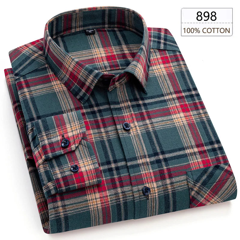 New Spring Long Sleeve Plaid Shirts For Men 100% Cotton Flannel Plus Size Easy care Confortable Top Casual Smart Dress Shirts