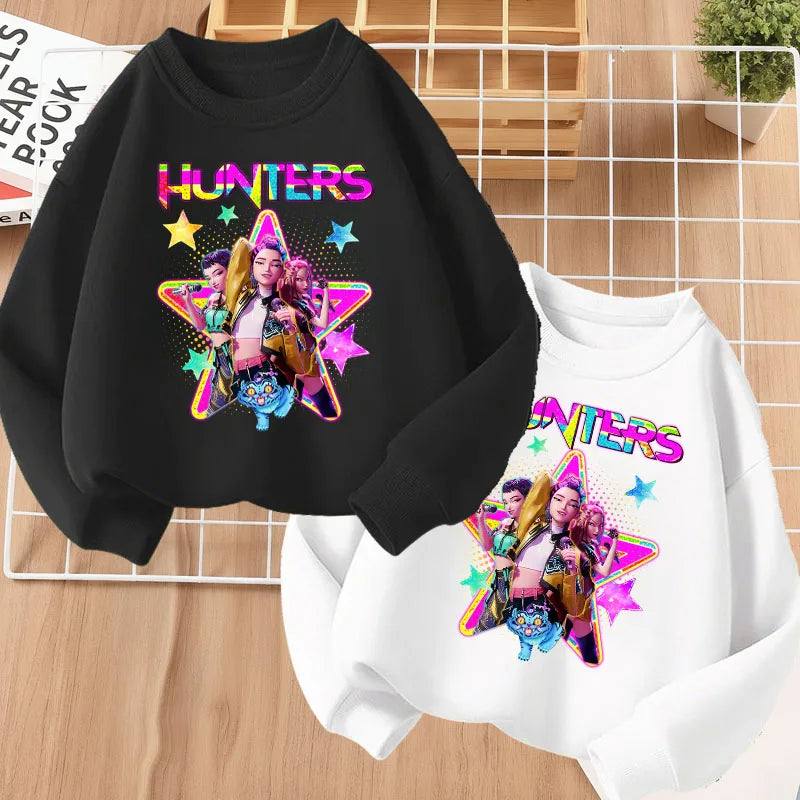 SPRING K POP Cartoon Printed Girls Casual Sweatshirts Kids O Neck Long Sleeve Tops Fashion Children's Fashion Hoodies Breathable