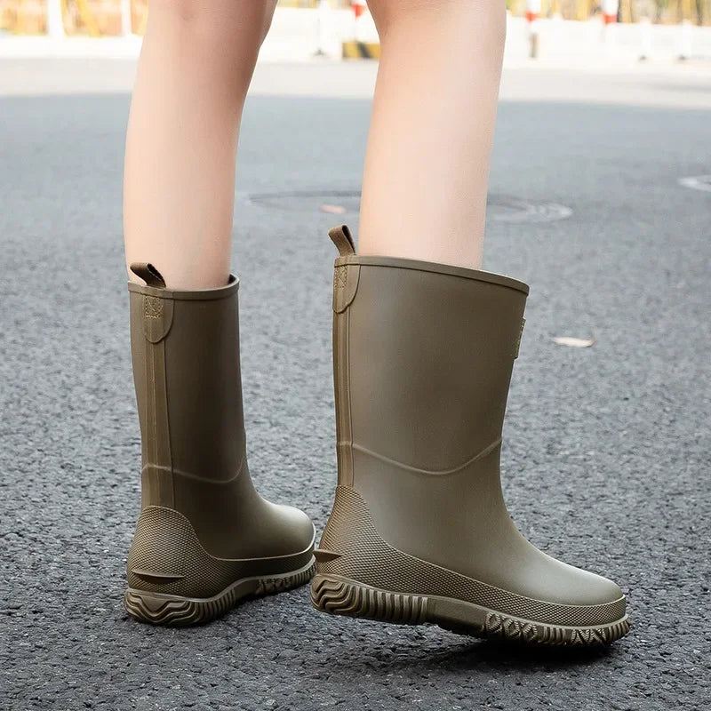 Fashionable Mid-Calf Women's Rain Boots Waterproof Slip-Resistant Thick Bottom Cute Outerwear PVC Material Low Heel Pure Color - Free Item Weekend (50% off).