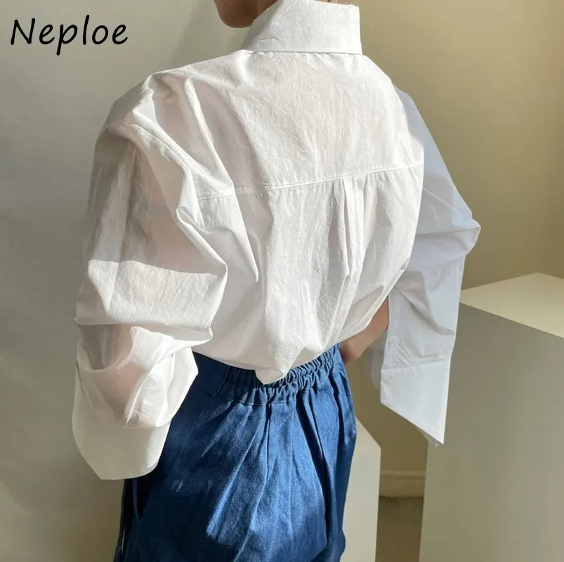 Neploe Korean Irregular Collar Design Long Sleeve Blouse Women Hit Color Striped Patchwork Loose Blusas Spring 2025 New Shirt