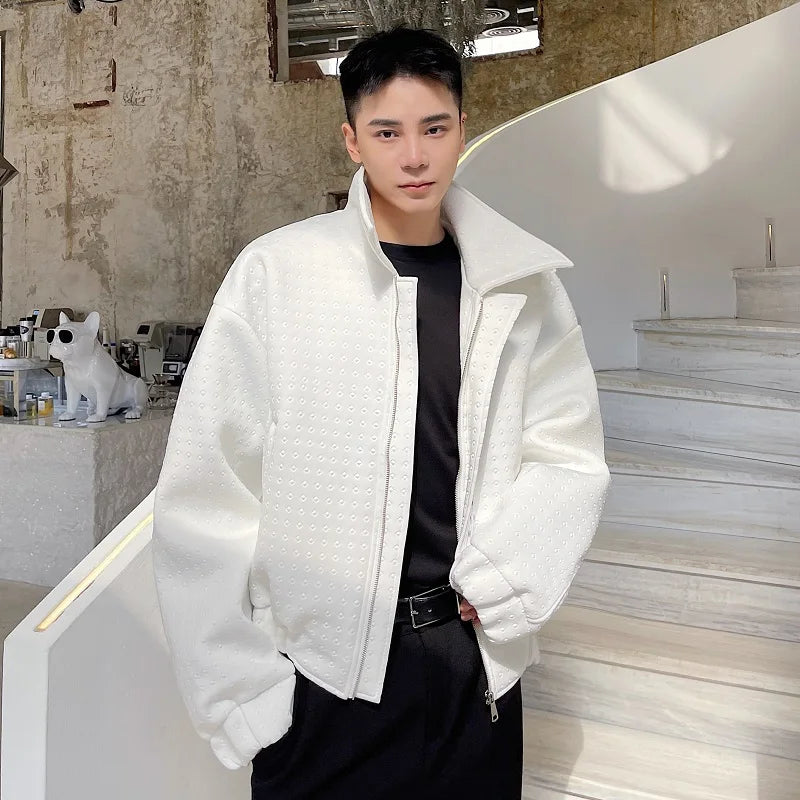 Metal Rivet Design Loose Fit Stand Collar Zipper Jaet Men's Outerwear Casual Winter Coat Youth Trend Polyester Fabric