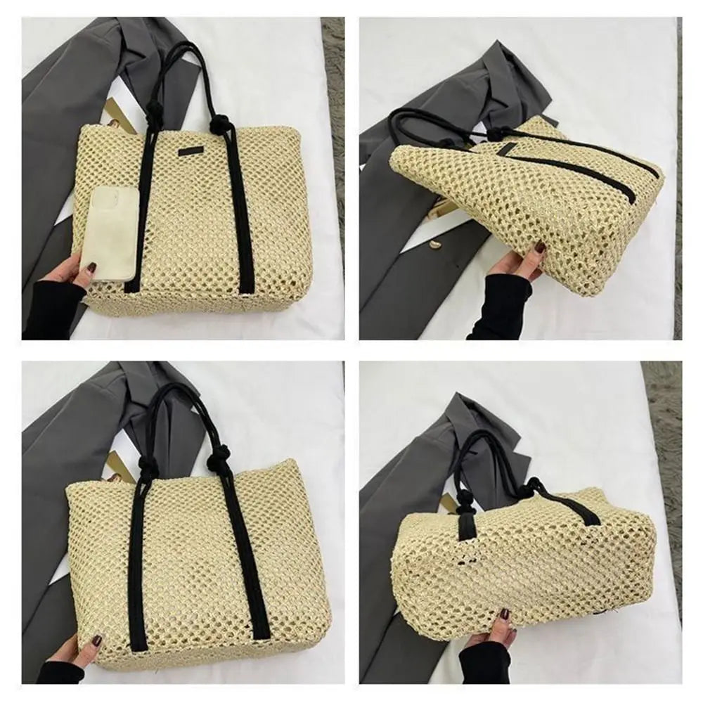 Handmade Straw Woven Bags Large Capacity Zipper Closure Shopping Tote Bag Top-Handle Portable Beach Handbags Travel